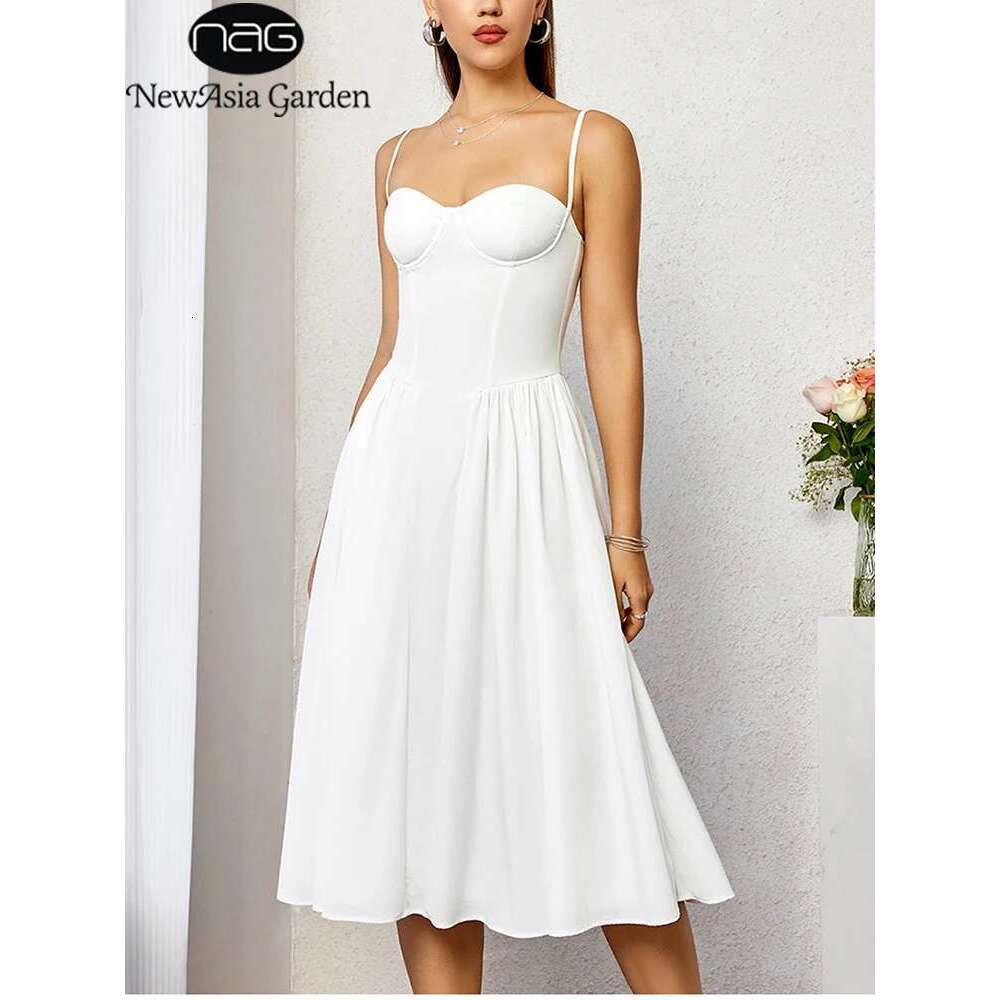 NewAsia Women's Adjustable Straps Backless Midi Corset Dress Flowy Fishbone A-Line Going Out Casual Long Dresses White