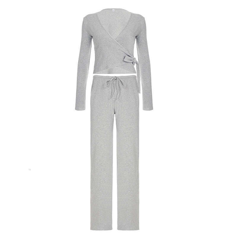 Autumn And Winter Casual Lace Up Flared Sleeve Top With Plush Loose Pants Pajamas Two-Piece Sports Suit B5