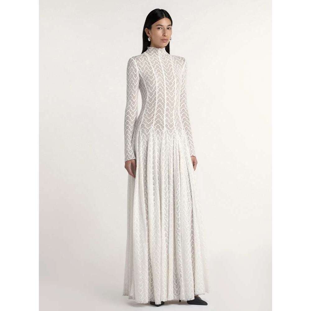 DEAT Elegant Dress Hollow Out Long Sleeve Pleated Knitted Slim Big Swing Women's Evening Party Dresses 2025 Spring New 7AB8070