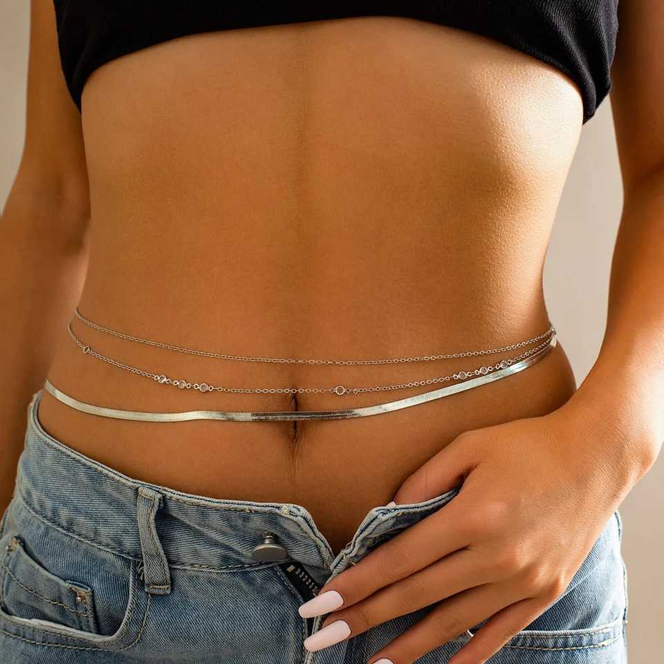 3Pcs Boho Flat Snake Chain Belly Waist Chain for Women Simple Silver Color Zircon Summer Beach Jewelry Female Bikini AccessoriesT250513
