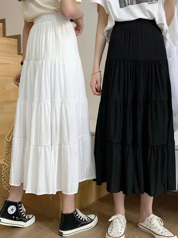 Spring Summer Women Chiffon Skirts Vintage High Waist Elastic Patchwork White Black Chic Long Cake A-line Skirt for Student 250513