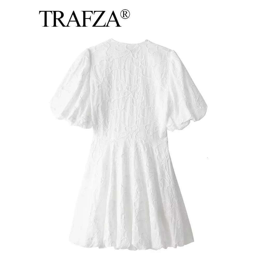 TRAFZA Women Elegant White Dress Short Sleeve V Neck Embroidered Mini Dresses Summer Female Casual Streetwear Vestidos TRAF