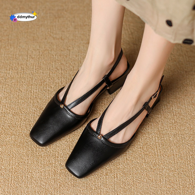 Baotou Thick Sandals Women's Summer New Style Backspace Roman with One Button Strap Middle Heel Large Shoes 41-43 ddmythur