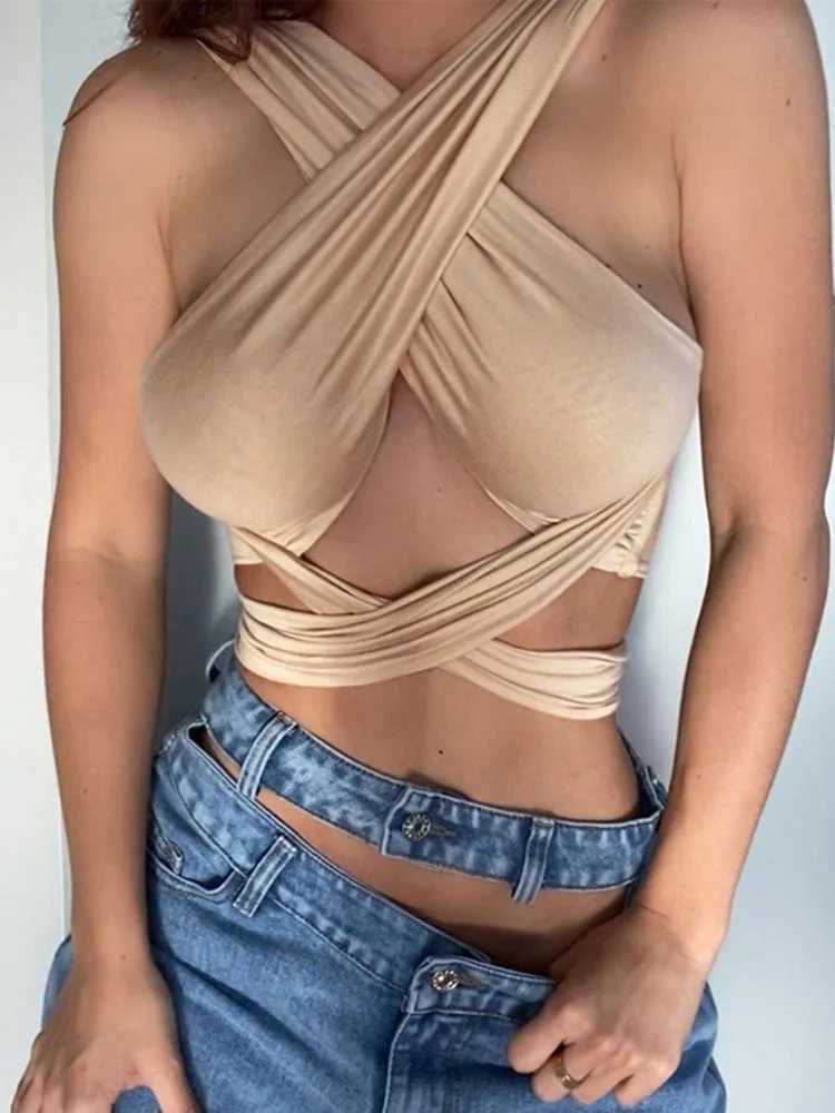 Women Strappy Cross Over Front Cut Out Halter Neck Sleeveless Backless Wrap Crop Top Bandage Vest Summer Sexy Tops Woman Clothes M250513