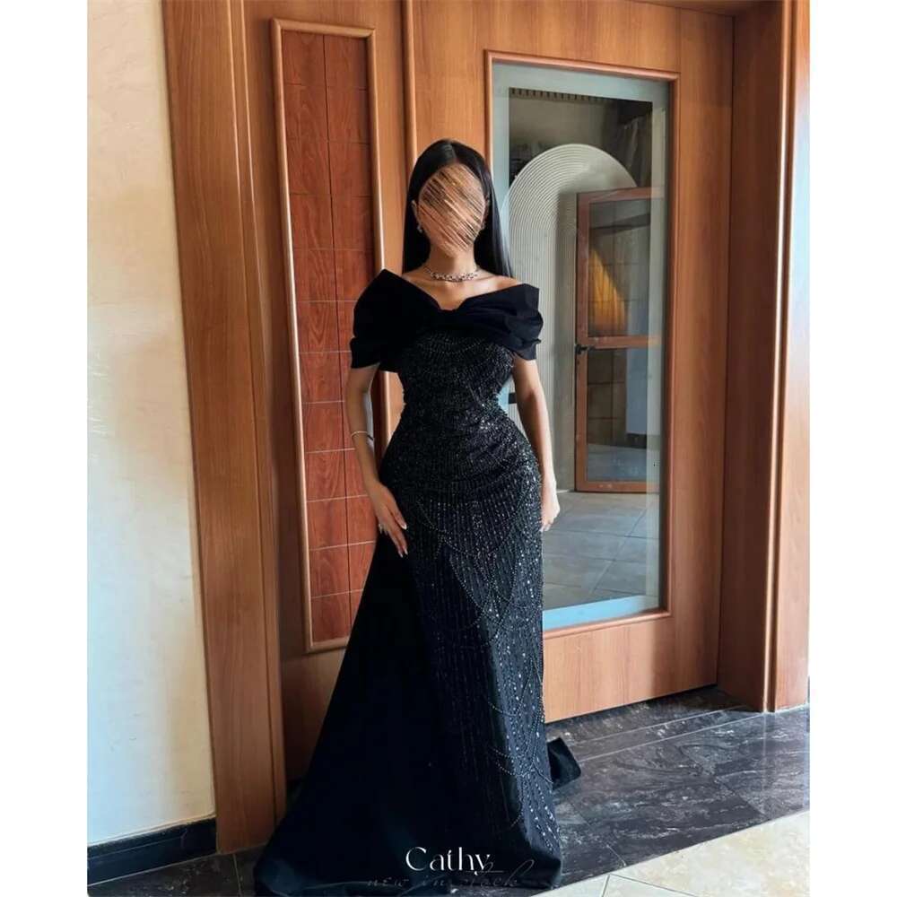 Cathy Dubai Black Beading Off Shoulder Prom Dress With Bow Mermaid vestidos de noiva Customized Elegant Sheath Formal Evening