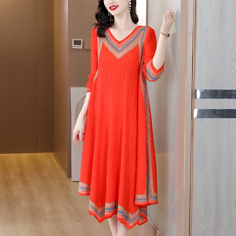 Large size women's retro printed dress female summer new temperament slim medium long skirt D02345