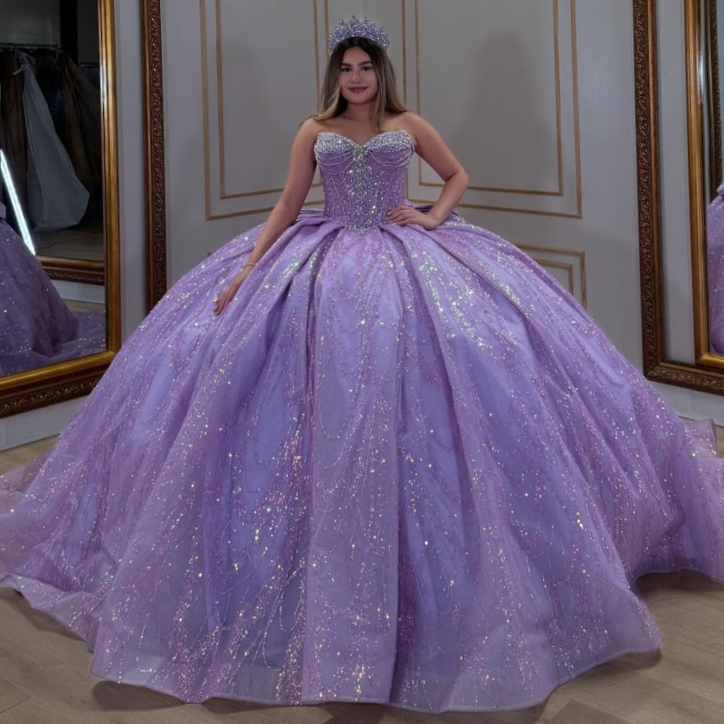 Lilac Shiny Quinceanera Dresses Off Shoulder Ball Gown Sweet 16 Dress Beading Crystal Bow Tull Birthday Party Vestidos 15 De Anos