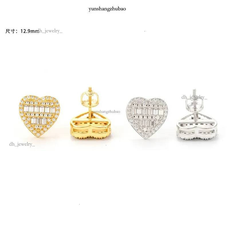 Yellow White Gold Plated Sterg Sier VVS Baguette Moissanite Heart Earrings Studs Nice Gift for Men Women