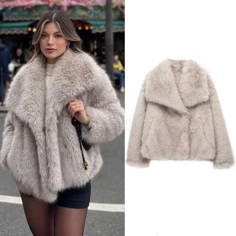 TRAF Women's Autumn Winter 2025 Plush Wool Coats And Mixtures Outerwears Fashion Long Sleeve Warm Faux Fur Coat Designer