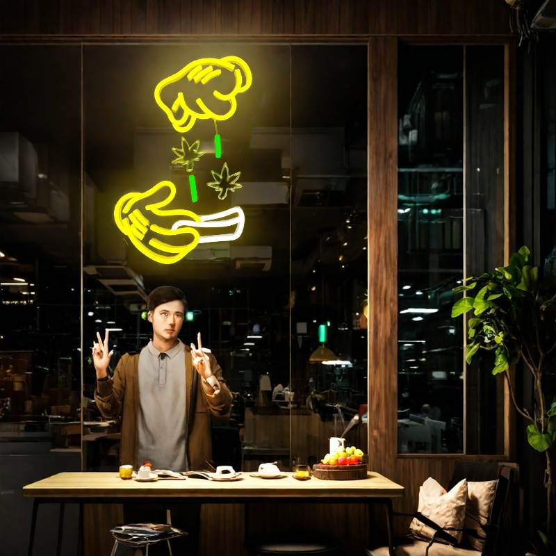 Weed Neon Sign Dimmable Green Leaf Neon Sign for Wall Decor Holding Led Sign Glove Neon Lights for Bedroom Man Cave Bar Decoration Stoner Gifts