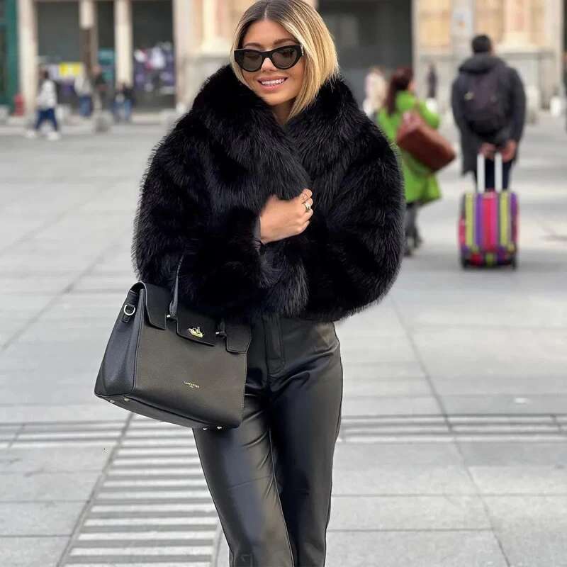 TRAF Faux for Women Autumn Winter Plush Black Wool & Blends Coats Outerwears Long Sleeve Warm Fur Coat