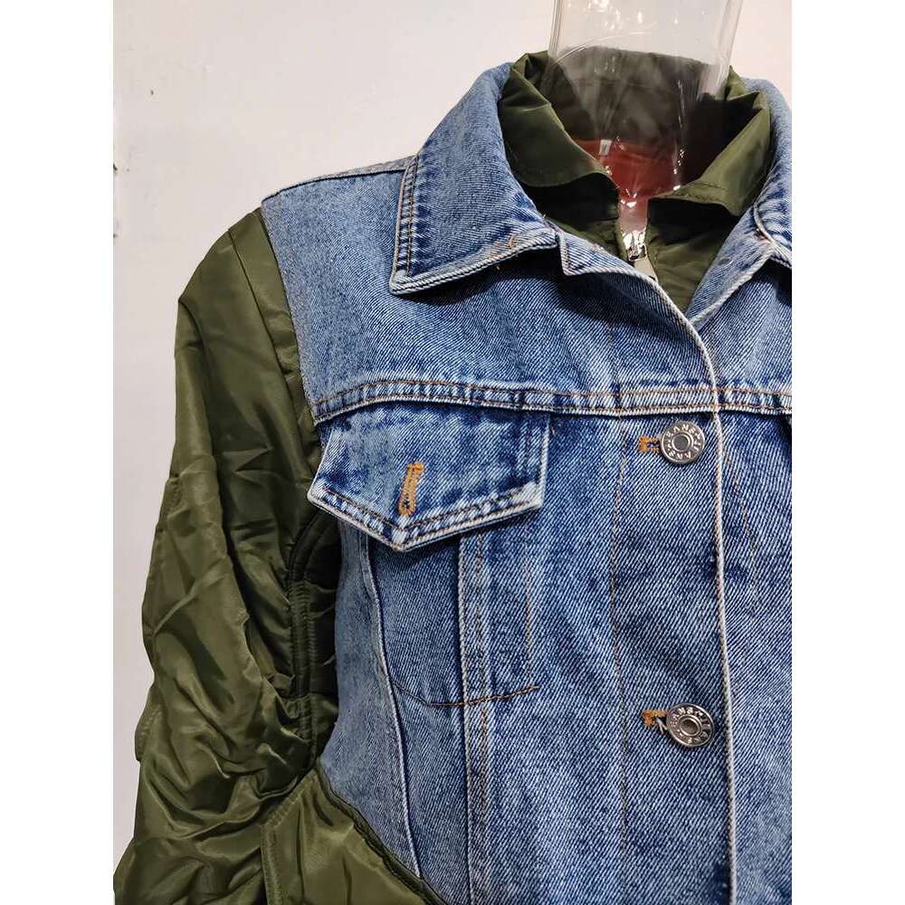 DEAT Fashion Women's Patchwork Denim Jackets Turn-down Collar Loose Zipper Long Sleeve Short Coat Autumn 2025 New Tide 7Z249