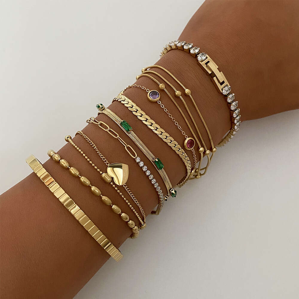 Fashion Stainless Steel Stacked Bracelet with Zircon Heart Pendant Minimally Designed Handmade Set for Men's and Women's Bracelet Jewelry