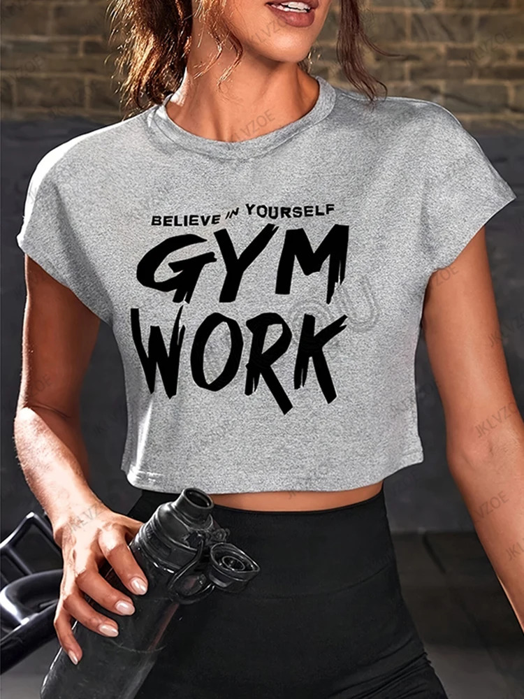 Arriavl Fitness Crop Top Summer Short Sleeve ONeck Tshirt For Women Gym Work Printed Sports Tees Casual Y2k Tops 250513
