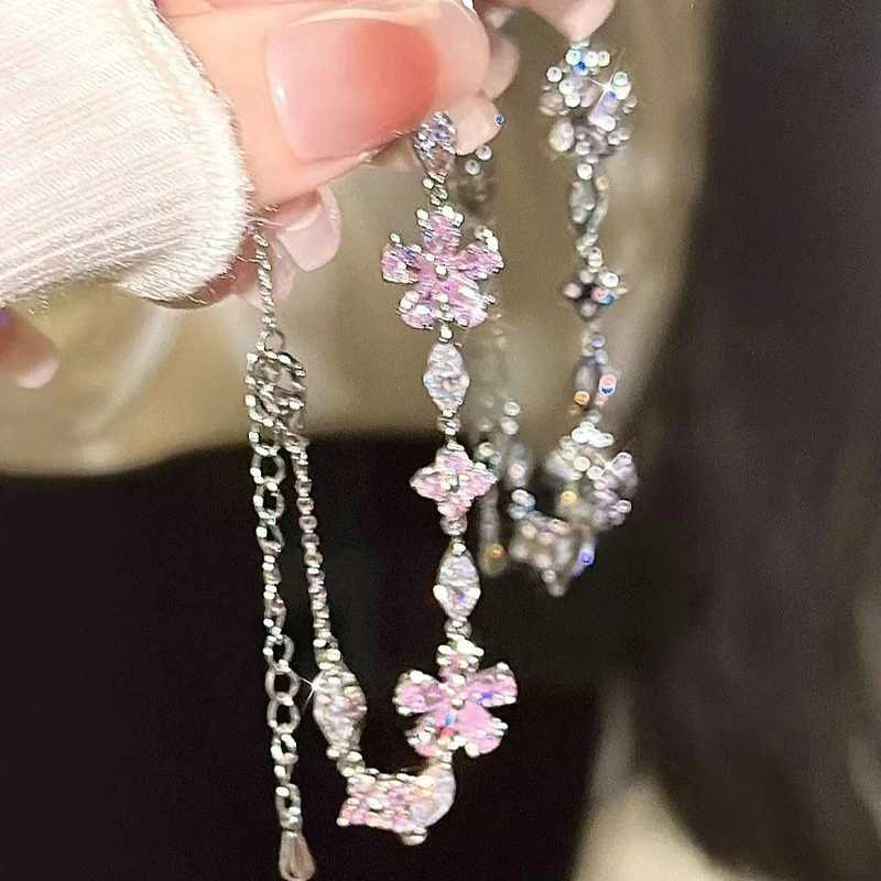 Korean Fashion Pink Crystal Zircon Sakura Flowers Bracelet Women Y2K Sweet Girls Cherry Blossom Moon Bow Elegant Jewelry GiftsXJ250513