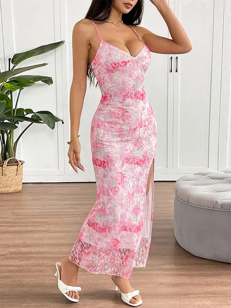 Summer Women Sling Dresses Streetwear Fashion Pink Print Split Dress Sexy Backless VNeck Elegant Lady Club Party 250513