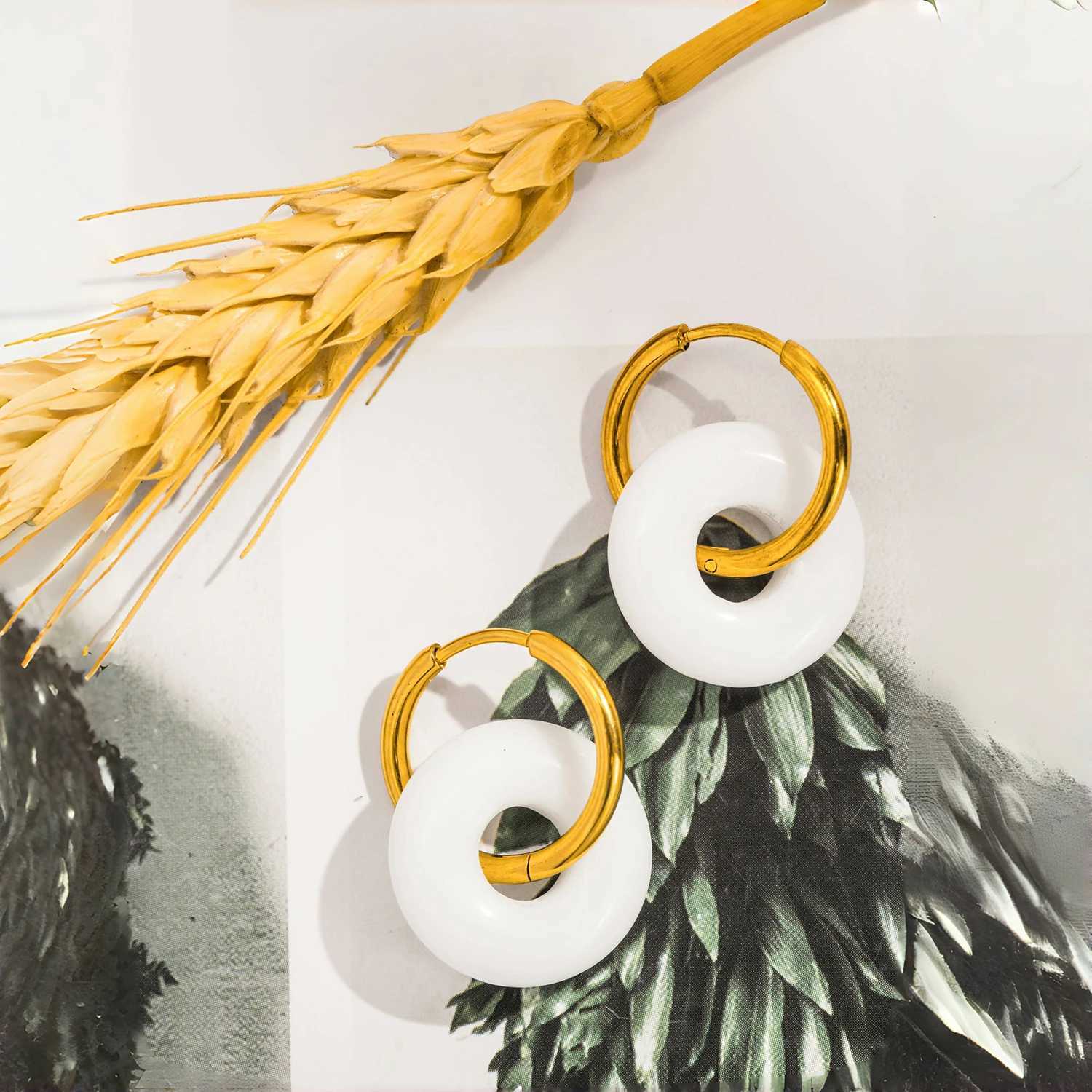 UHBINYCA Natural Agate Stone Charms Hoop Earrings for Women Girls Stainless Steel Waterproof High-quality Daily Jewelry Y250510