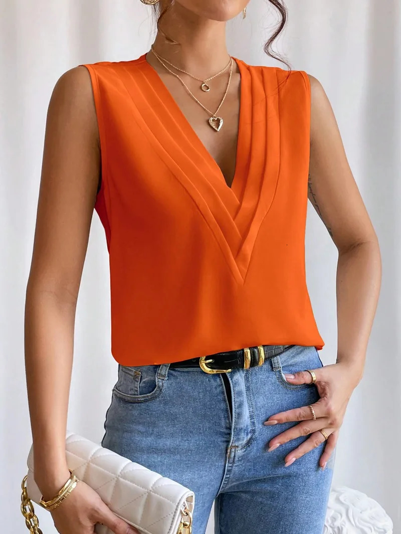 Summer MultiLayered V Neck Pure Color Vest Womens Top Elegant n Showing Female Charm Suitable for Daily Wear 250513