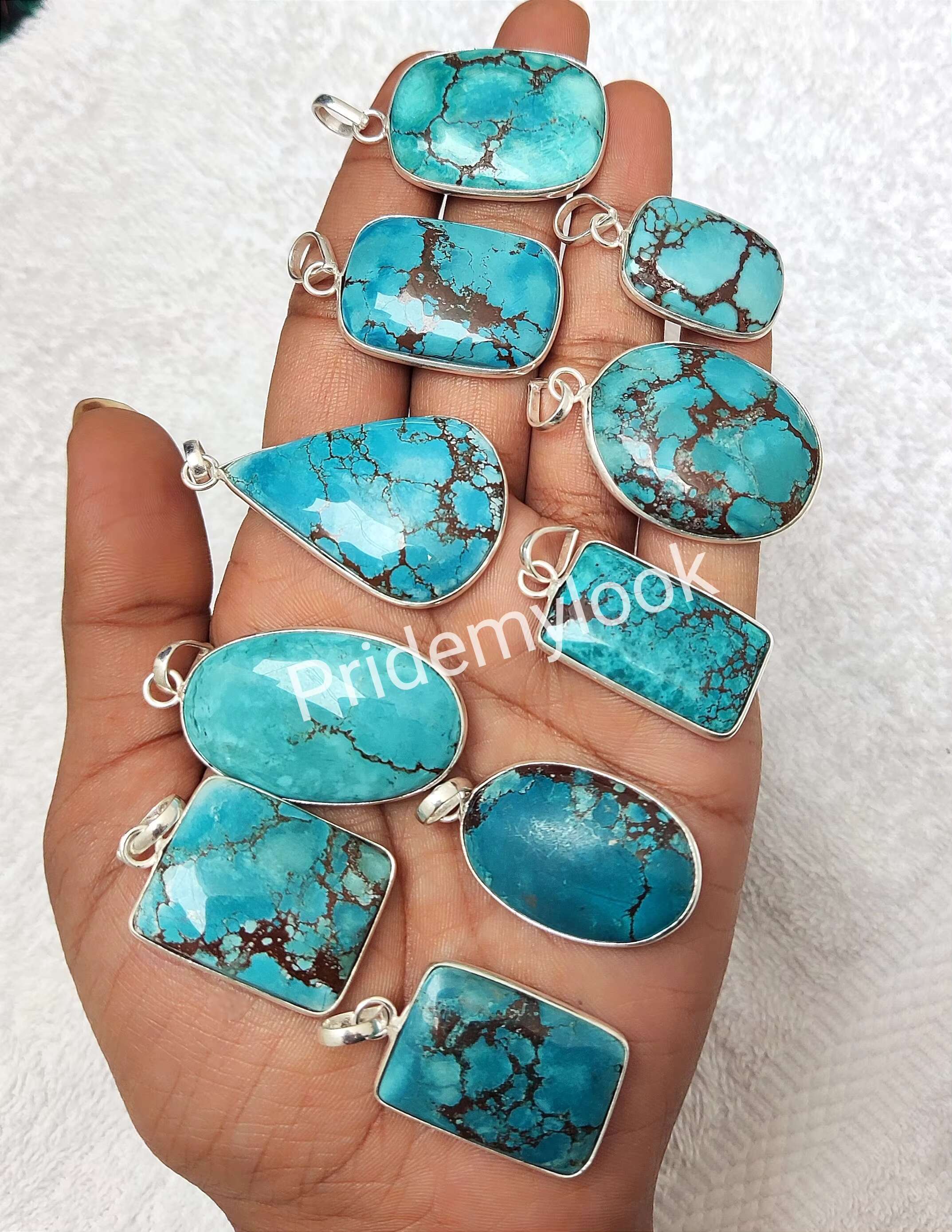 Natural magnesite turquoise inlaid pendant, sier plated necklace, mixed design, fashionable women's accessory