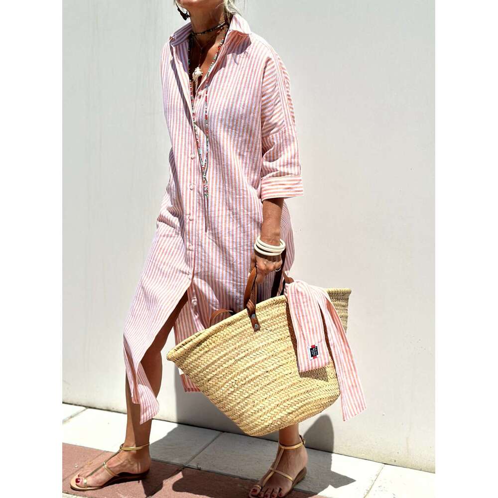 European American women's five quarter sleeve striped cardigan, lapel shirt dress 8061, 2025 new style, chic and elegant clothing