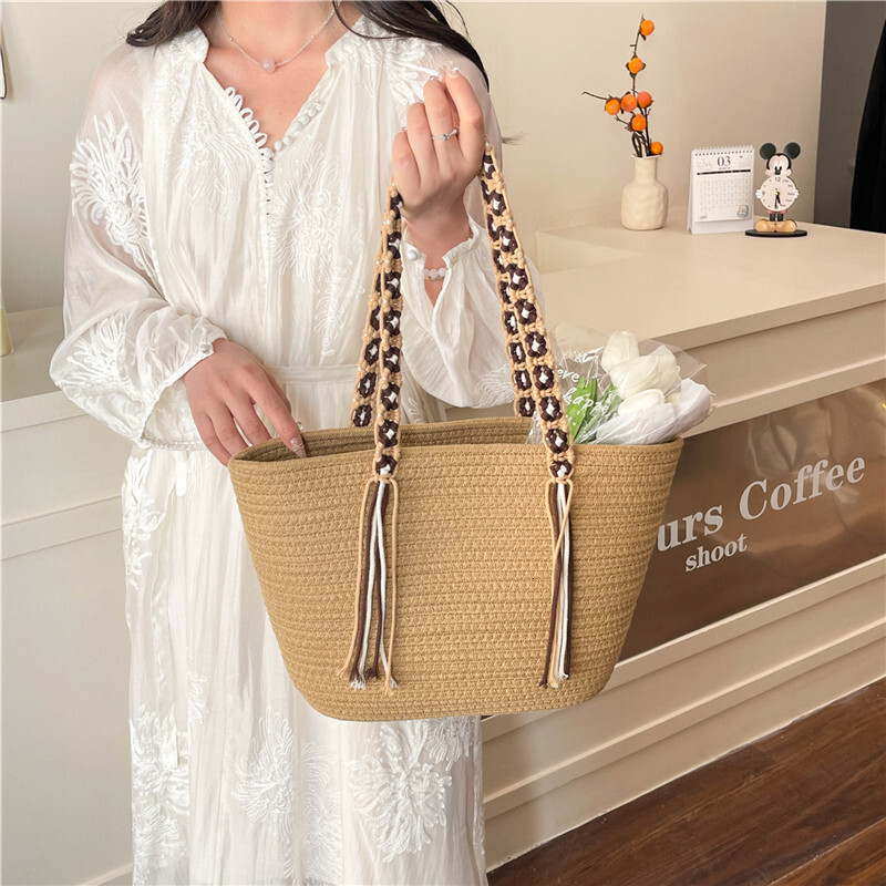 25 year summer new tote large capacity, fashionable versatile woven bag, vacation style, lazy and simple shoulder bag for women