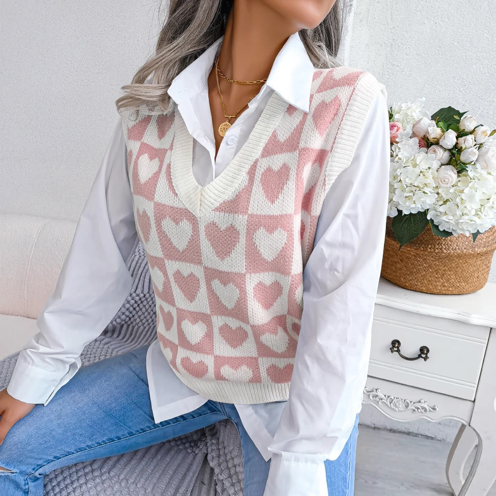 2023 Autumn Winter Sweater Vest For Women Preppy Style Heart Sleeveless Knitted Pullovers 250506