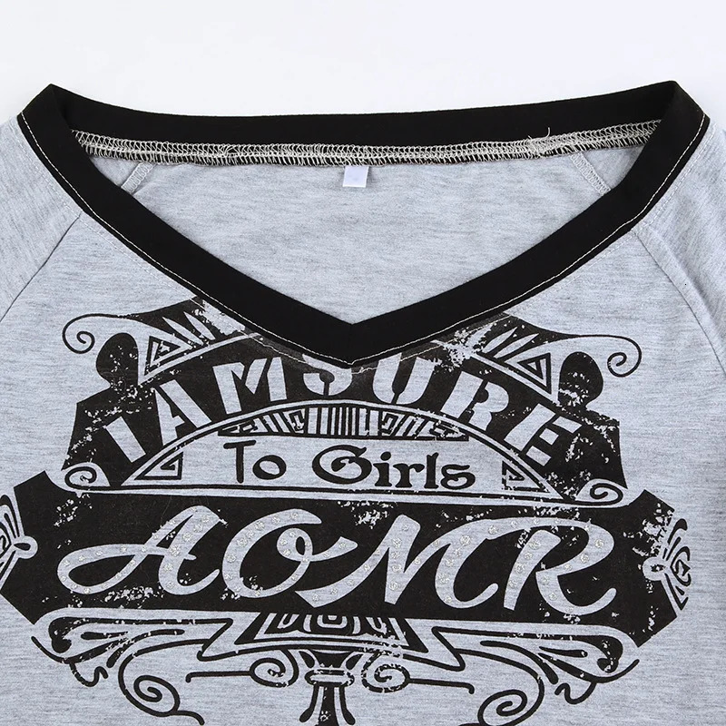 Spring Grey Womens Tshirt VNeck Long Sleeves Letter Print Crop Top Casual Fashion T Shirt Female Streetwear Sexy Cropped Tops 250513