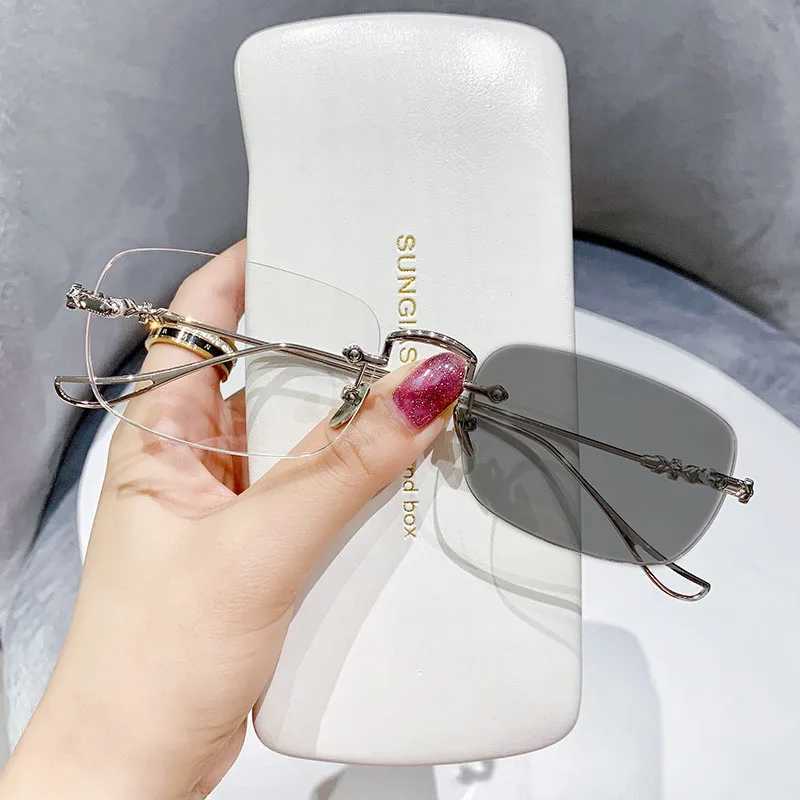 Fashion Rectangular Womens Photochromic Myopia Glasses Unisex Rimless Minus Diopter Eyeglasses Trendy UV Shades Sunglasses W250513