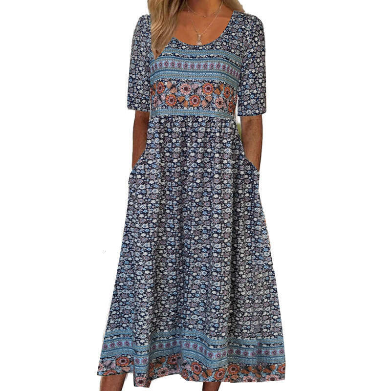 Women Clothes Dress Summer New Round Neck Short Sleeve Long Bohemian Printed Dress Women S KQ