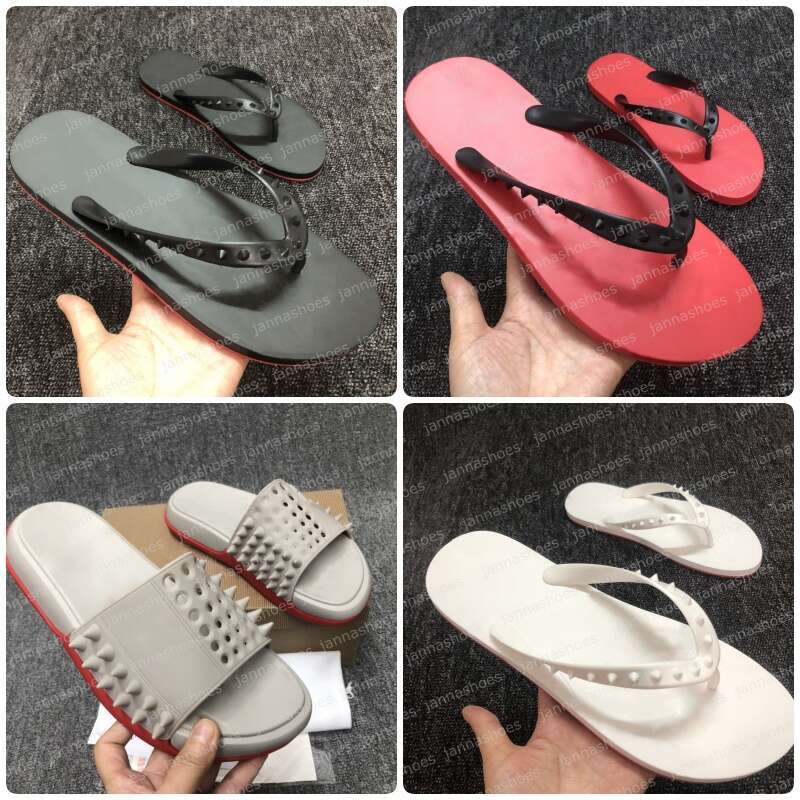 designer summer slippers beach flats flip flops black leather studded slides sandals red bottoms bottomshoes christian loubitons loubotins men women spikes donna