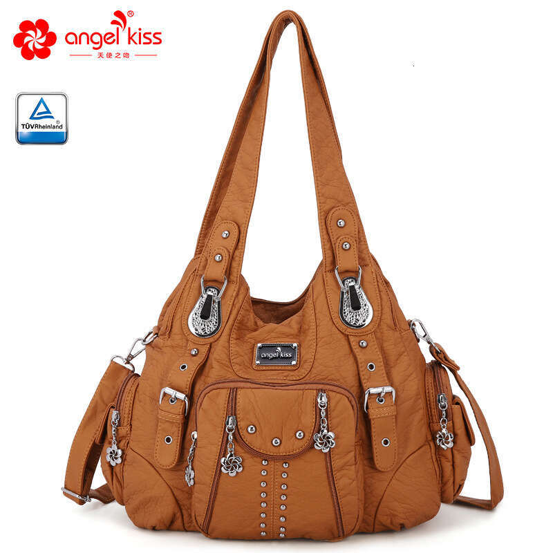 casual versatile fashion womens bag multipocket rivet decoration shoulder bag highend soft leather large capacity handbag