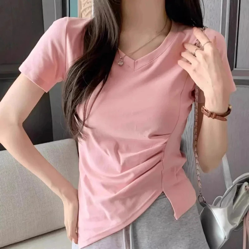 Pink Black Simple Solid Vneck Top Irregular Cinched Waist Slit Short Sleeved Tshirt Crop Wrinkled For Women Clothes Allmatch 250513