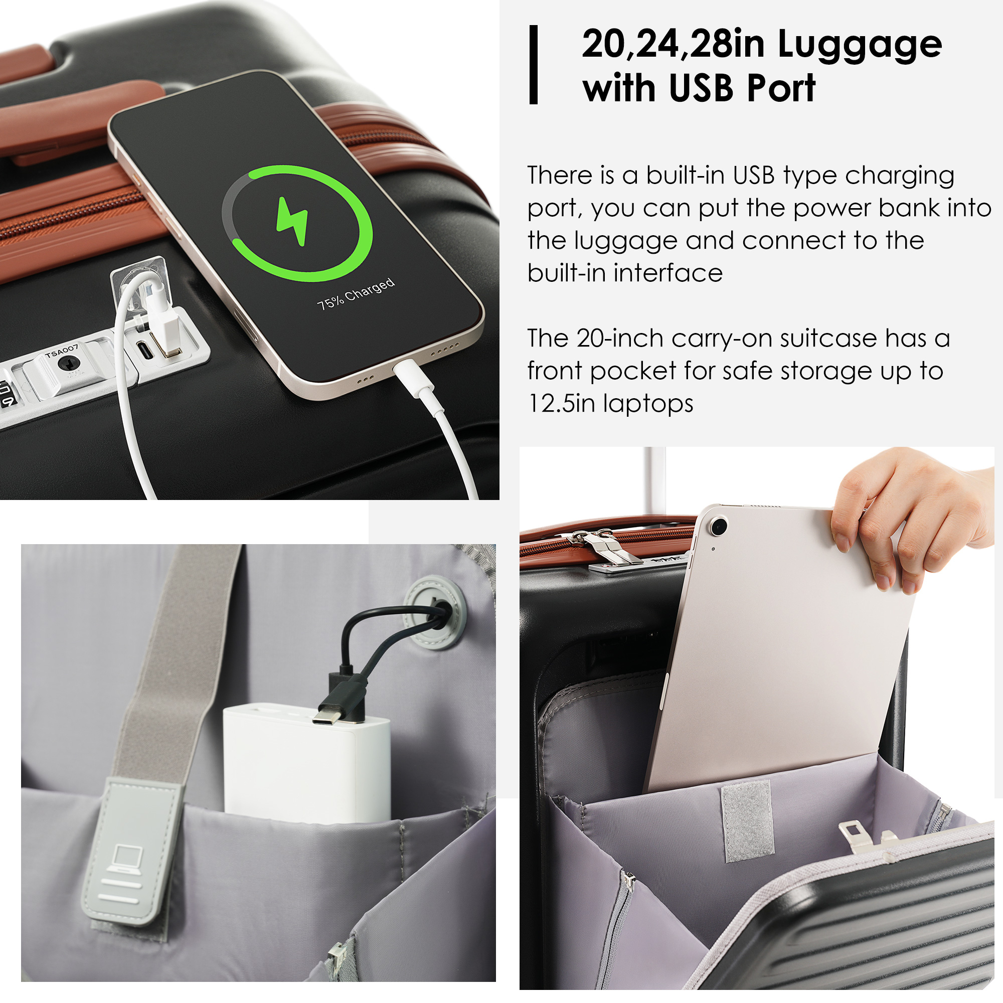front opening 20inch travel duffel bag with usb charging port and tsa lock