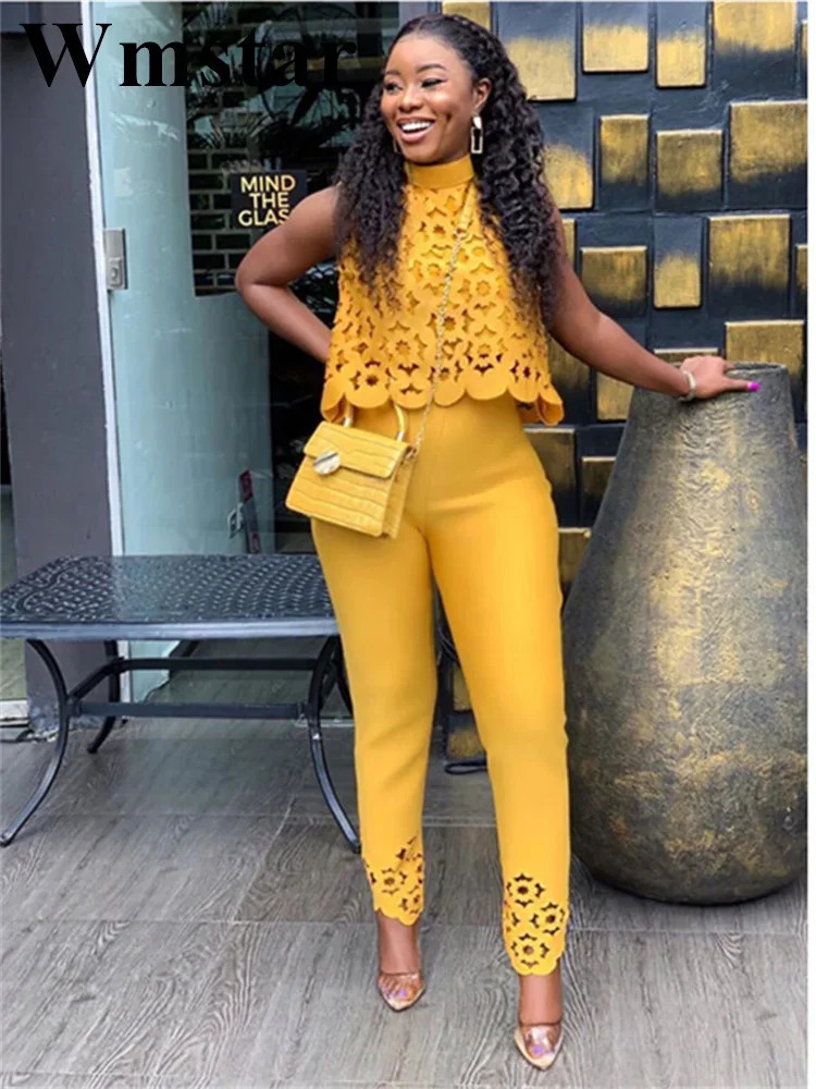 Wmstar Womens twopiece set plus size summer fashion sleeveless casual suit solid color holiday pants office streetwear 250506