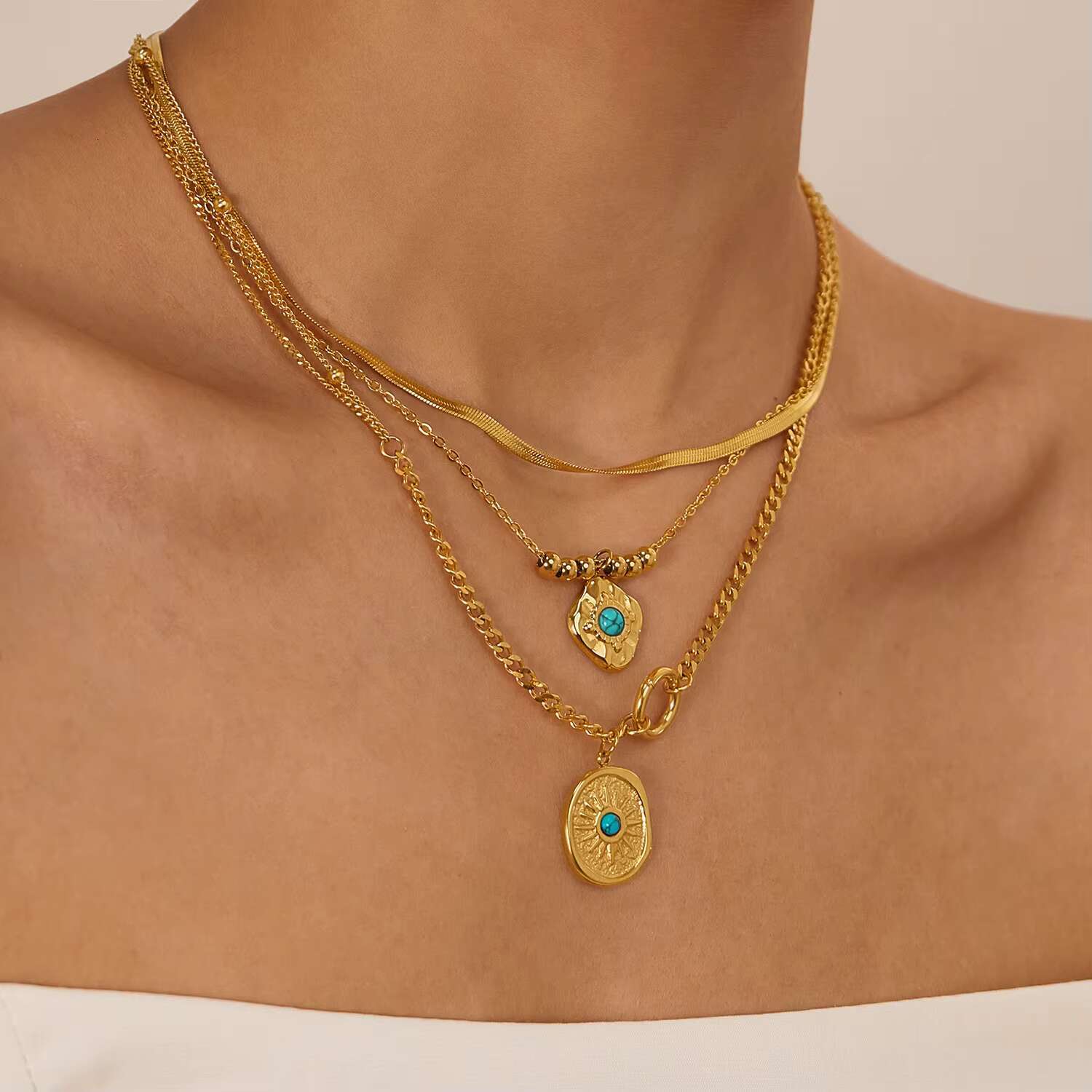 New Fashion Gold Plated Stainless Steel Colored Natural Stone Pendant Necklace for Women's Party Accessories Gifts
