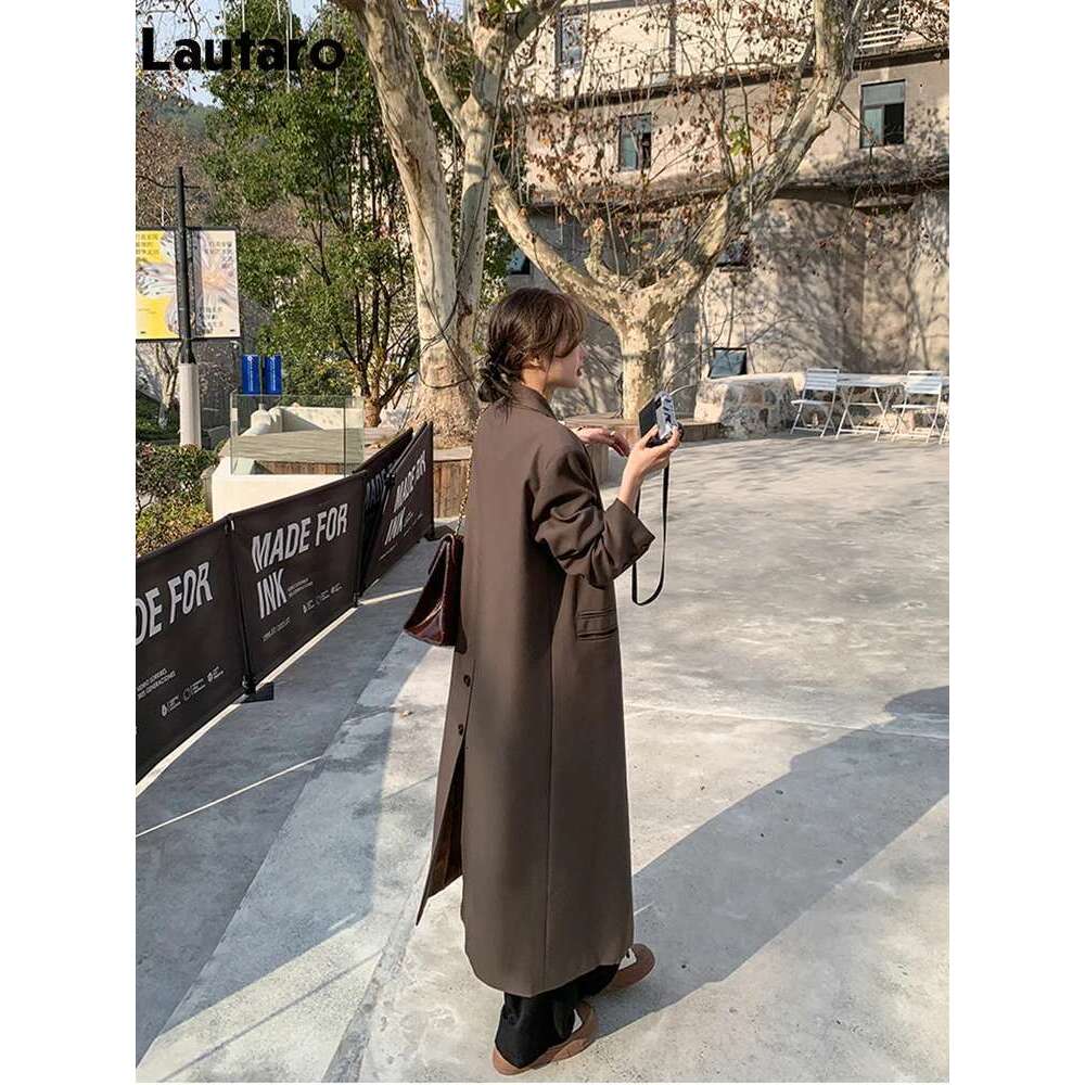 Lautaro Autumn Long Coffee Flowy Blazer Coat Women with Back High Slit Double Breasted Loose Casual Korean Fashion Overcoat 2024