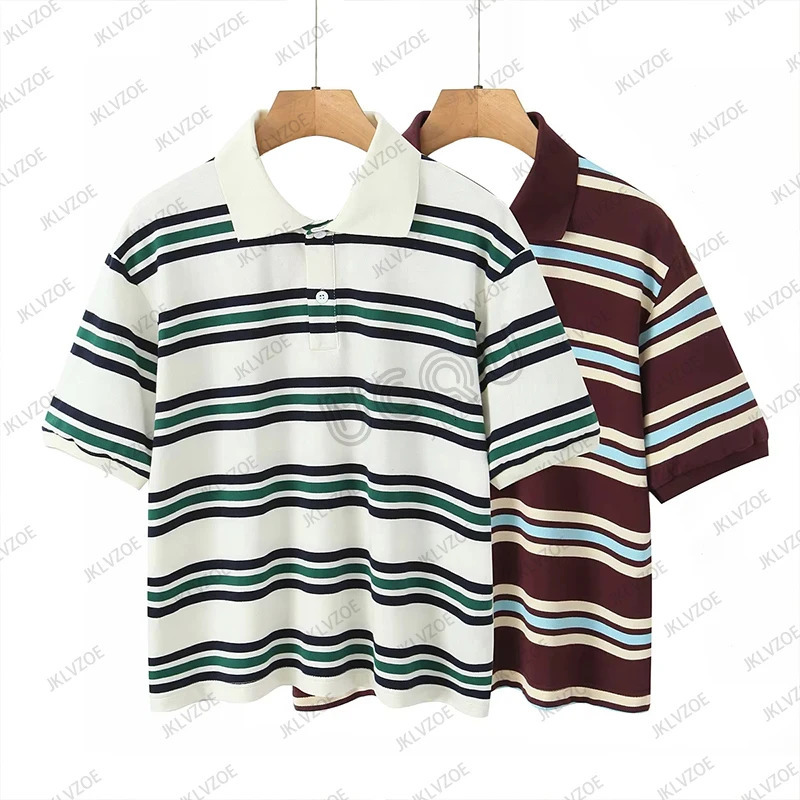 Summer Womens Striped Printed Polo Shirt Short Sleeve Lapel Tees Ladies Clothes Casual Oversized Loose Streetwear Y2K Tops 250513