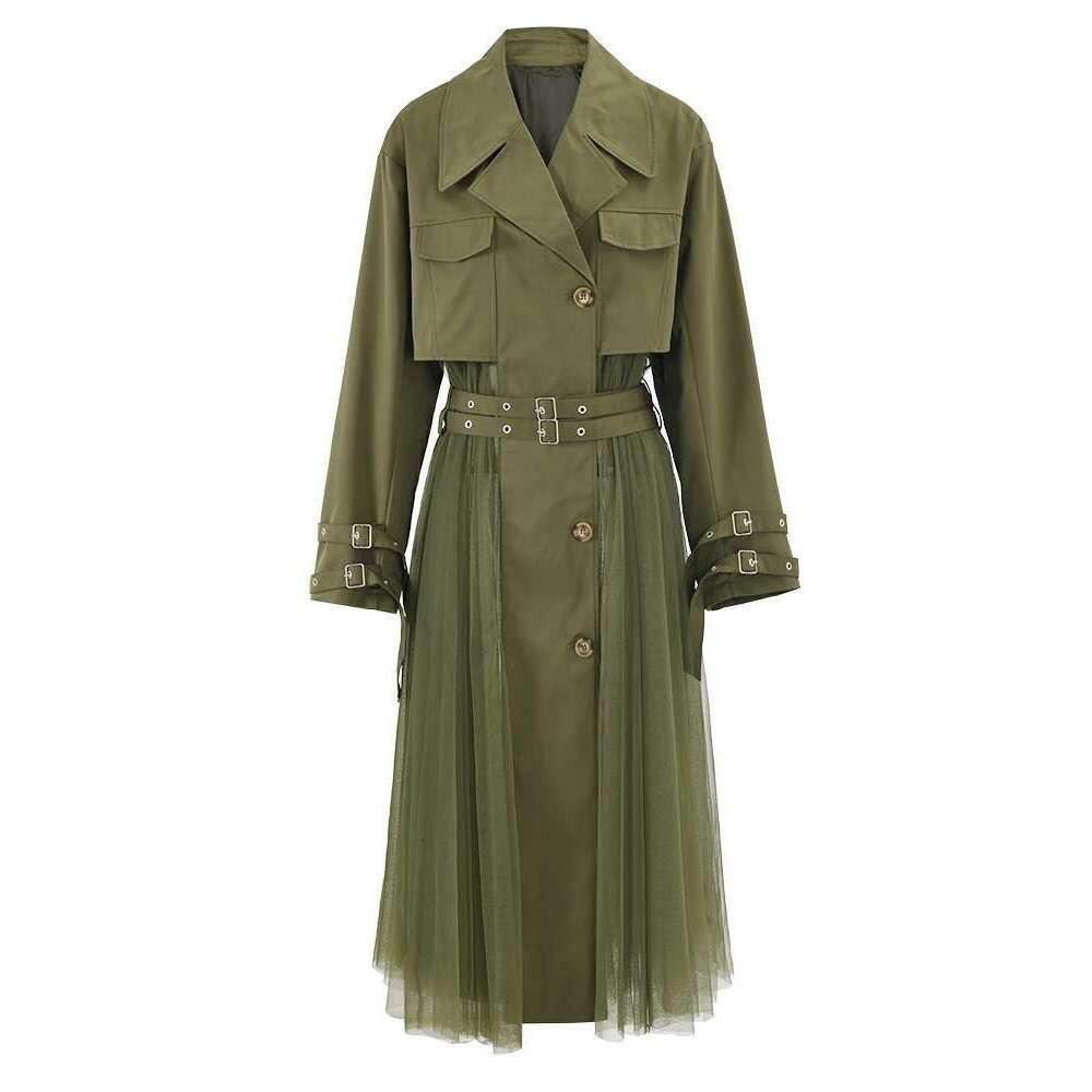 LANMREM Vintage Gauze Patchwork Windbreaker Women Lapel Double Belt Gathered Waist Trench Fashion New Clothing 2R1801