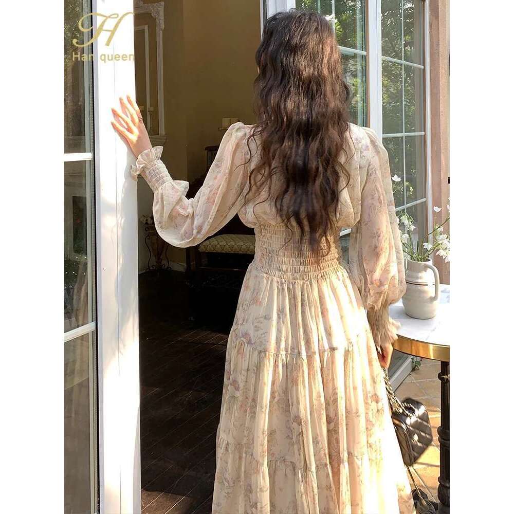 Long Sleeve Casual Beach Holiday Wrap Waist Spring Summer Women's Bohemian Chiffon Printed Dress