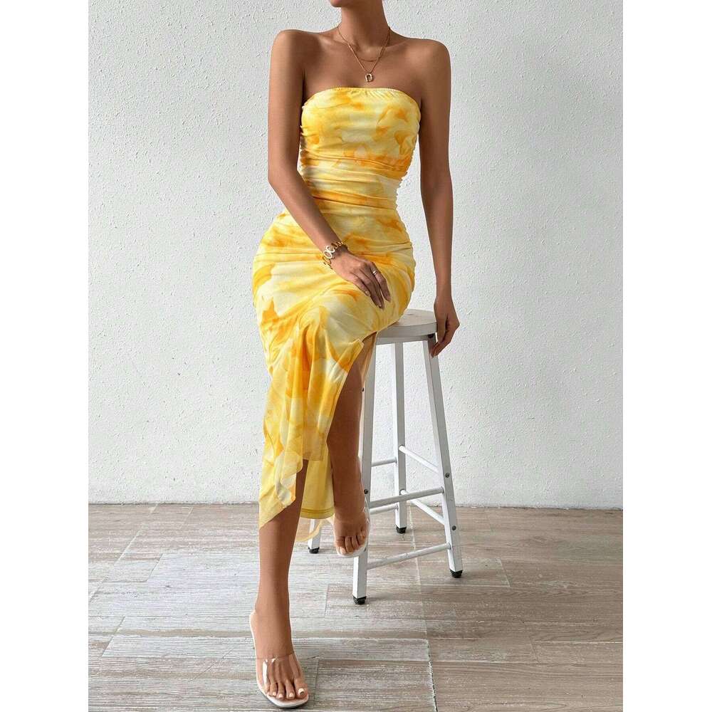 Women Clothes Dress Mesh Floral Pleated Sexy Tight Fitting Slit Strapless Long Dress KQ