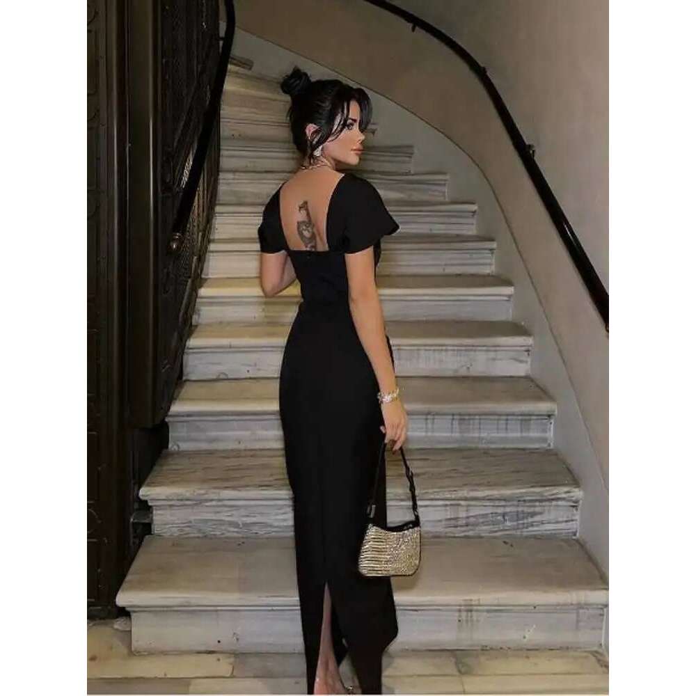 New Women's Short Sleevel Square Neck Dias Bandage Floor Length Bodycon Fashion Celebrity Party Maxi Dress