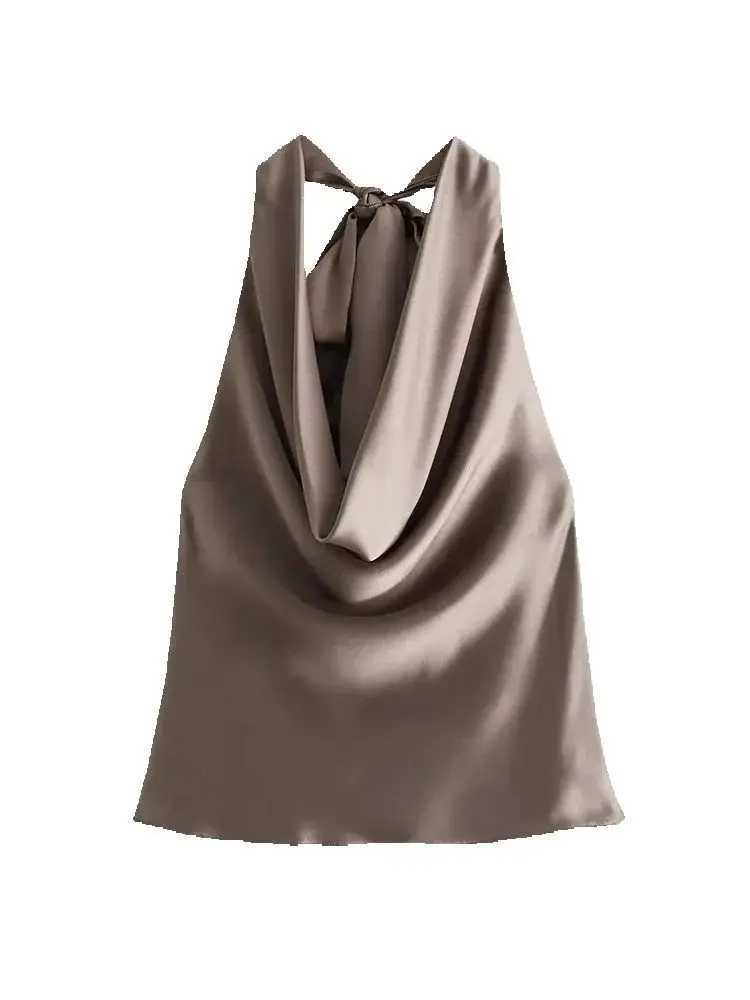 TRZA-Womens Flowing Draped Halter Neck Tank Tops With Bow Tied Backless Sleeveless Female Camis Sexy Fashion M250513