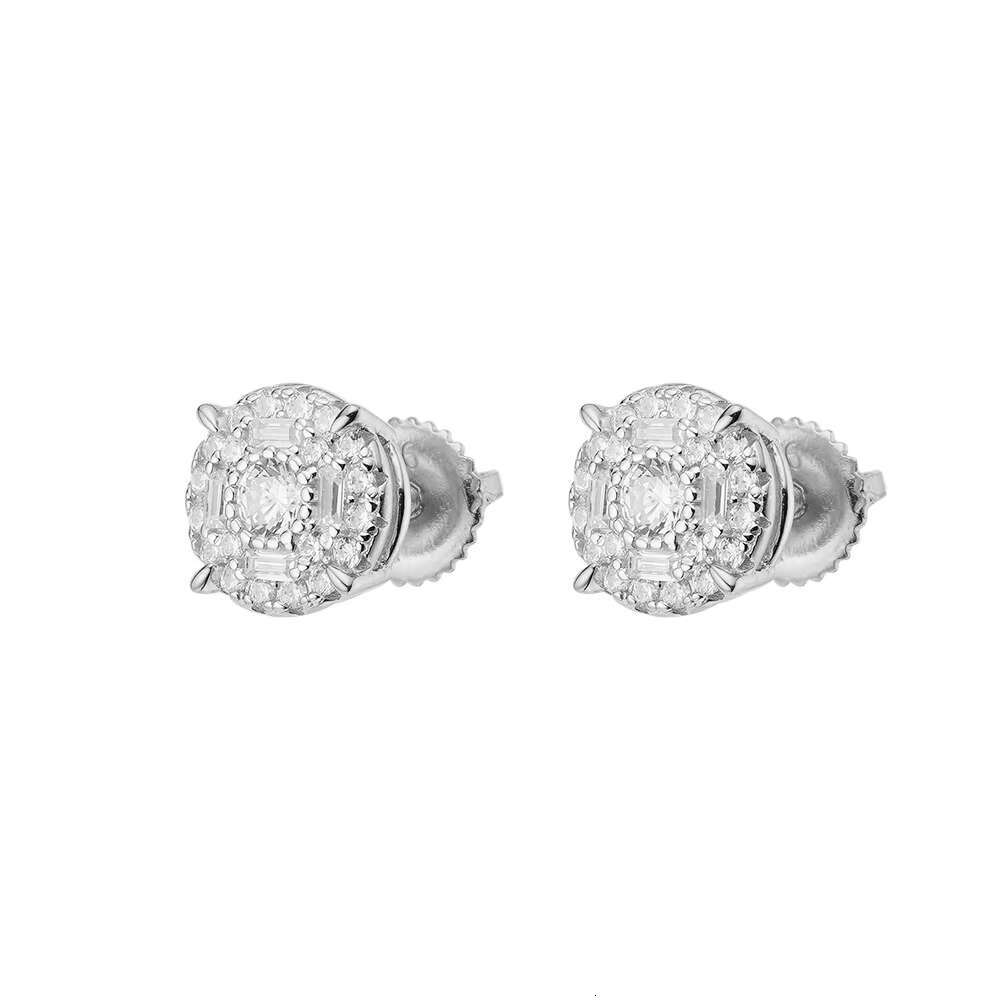 Hip Hop Custom Jewelry 8mm Iced Out Cubic Zircon Gold Plated 925 Sterling Silver Baguette Round Stud Earrings