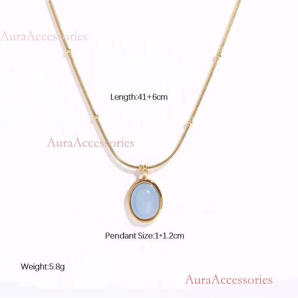 Oval Sky Blue Opal Titanium Steel Necklace Clear Stone Gold Plated Necklaces Women French Vintage Jewelry