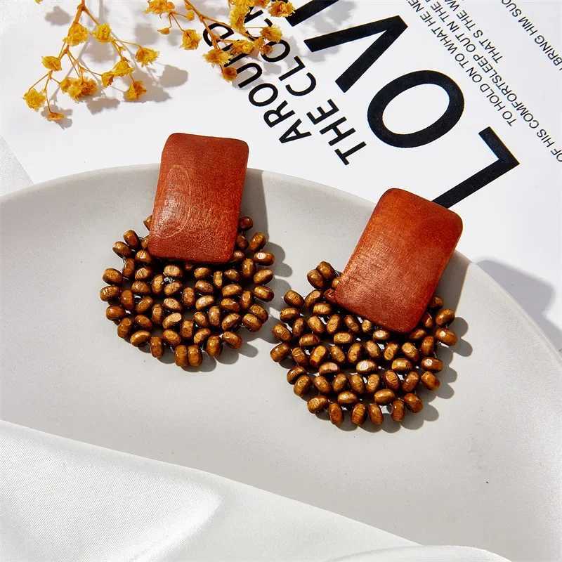 Boho Vintage Geometric Handmade Wooden Rattan Braid Clip on Earrings Without Piercing for Women Wholesale Creative Jewelry 2023 Y250510
