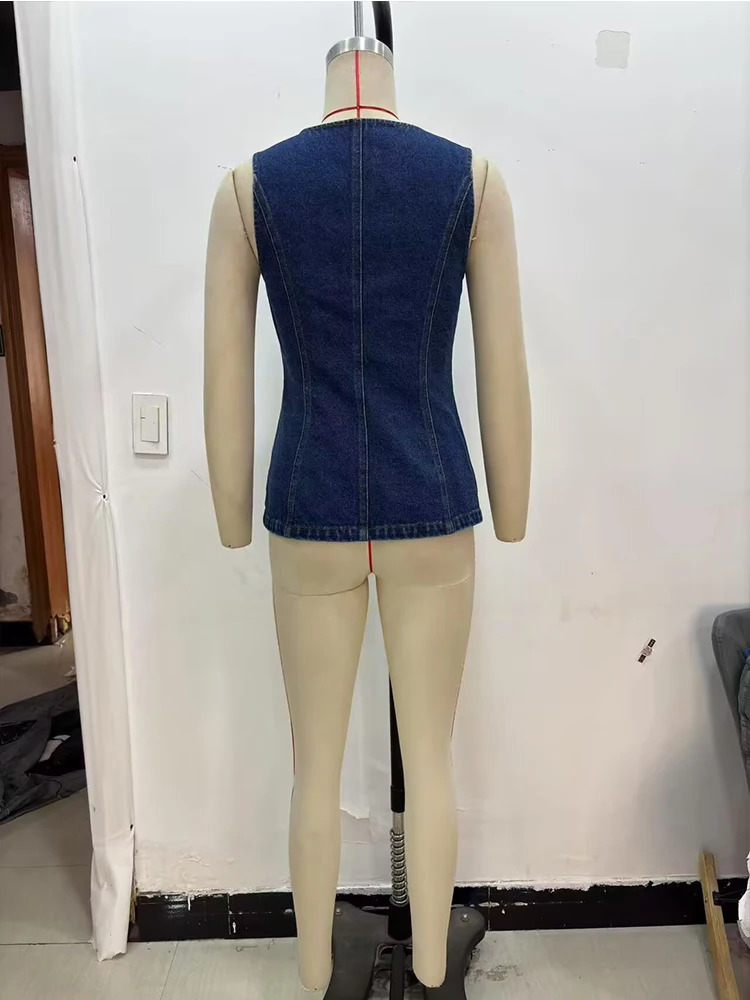 Women Summer Denim Vests Coats 2025 Fashion Solid ONeck Single Breasted Female Elegant Street Slim Waistcoat Outerwear 250506