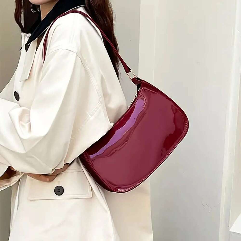 Red High-End Women, Retro Hand-Held Underarm Bag, Foreign-Style Small Patent Leather Bag For Young Girls, Single Shoulde
