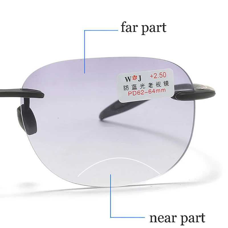 Fashion Ultralight Bifocal Glasses Trendy Anti-blue Near and Far Reading Glasses Sqaure Rimless UV400 Sunglasses for Men Women W250513