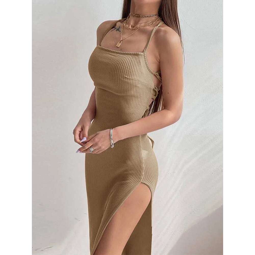 Sexy Black Long Bodycon Dress Women Summer Sleeveless Blackless Halter Neck Spaghetti Strap Dresses High Split Vestidos