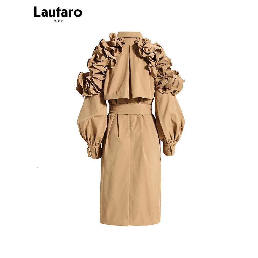 Lautaro Spring Autumn Long Black Khaki Trench Coat for Women Belt Elegant Chic Stylish Designer Clothes Runway Fashion